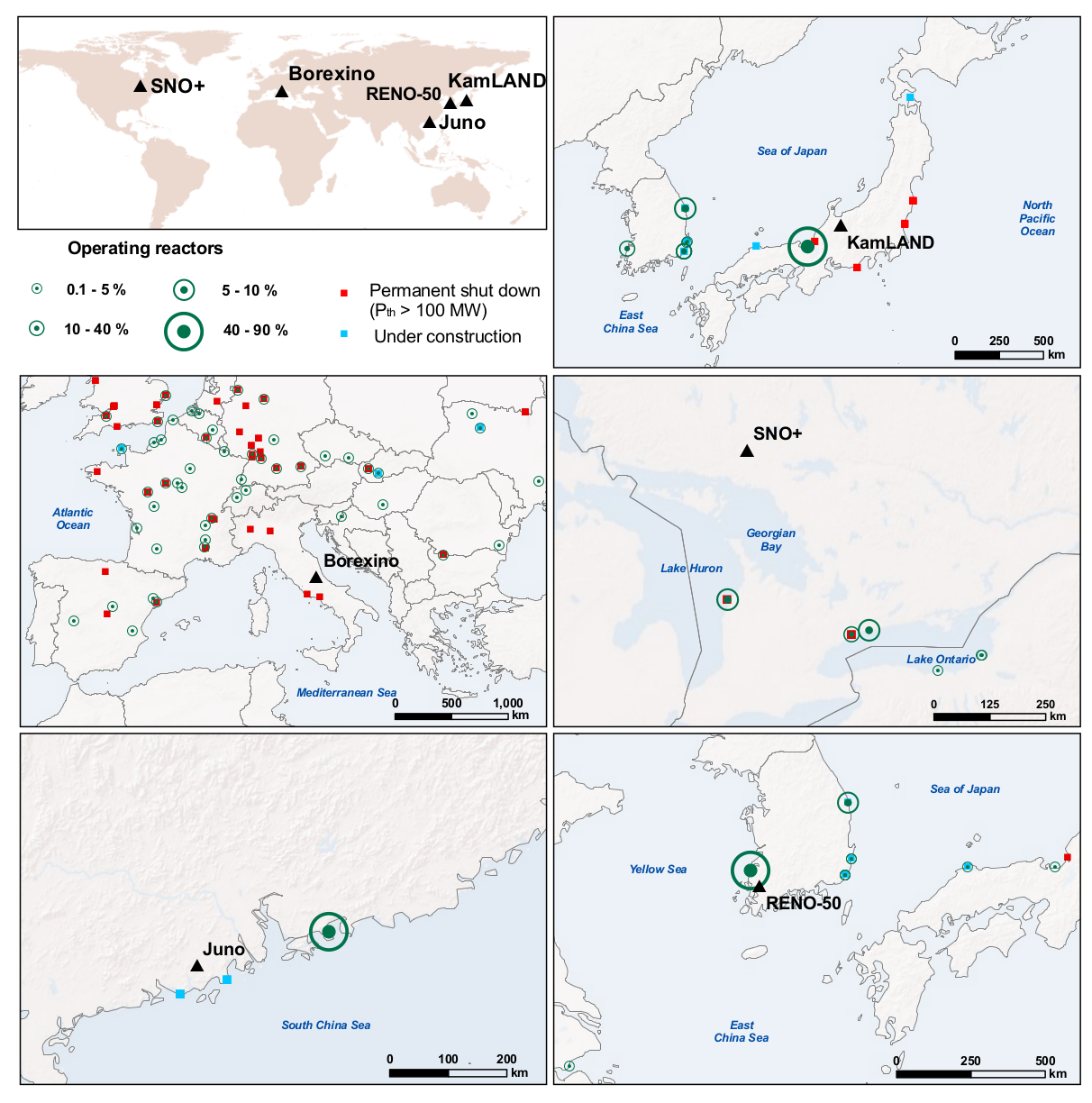 Location reactor map KamLAND Borexino SNO+ JUNO RENO-50