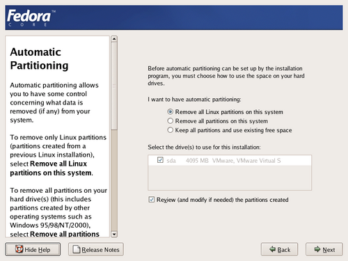 automatic partitioning screen