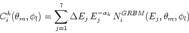 \begin{displaymath}
C^k_i(\theta_m,\phi_l) = \sum_{j=1}^{7} \Delta E_j\,E_j^{-\alpha_k}
\,N^{GRBM}_i(E_j,\theta_m,\phi_l)
\end{displaymath}