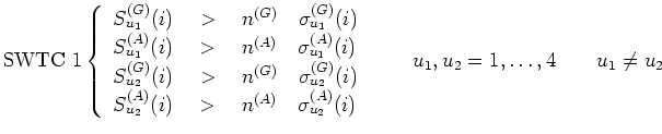 $\displaystyle \textrm{SWTC 1}
\left\{\begin{array}{l}
S_{u_1}^{(G)}(i) \quad > ...
..._2}^{(A)}(i)
\end{array}\right. \qquad u_1, u_2=1,\dots,4 \qquad u_1 \not = u_2$