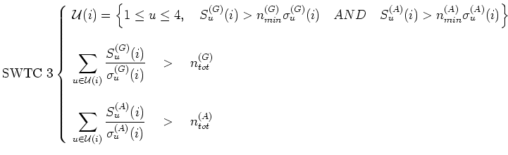 $\displaystyle \textrm{SWTC 3}
\left\{\begin{array}{l}
{\mathcal{U}}(i) = \Big\{...
...(A)}(i)}{\sigma_{u}^{(A)}(i)} \quad > \quad n_{tot}^{(A)}\\
\end{array}\right.$